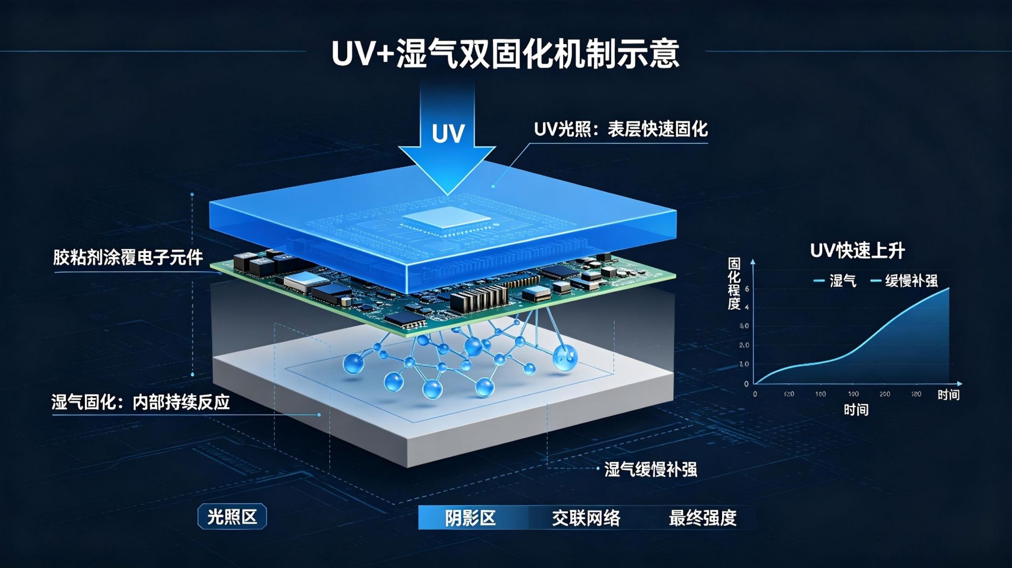 UV+湿气双固化胶 TAS-3001｜阴影区完全固化 · PCBA电路板三防涂层解决方案｜泰亚电子