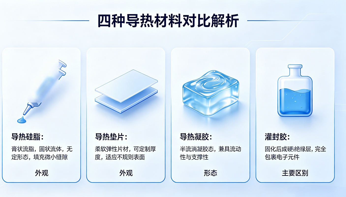 导热硅脂、导热垫片、导热凝胶、灌封胶有什么区别？工程师该如何选？