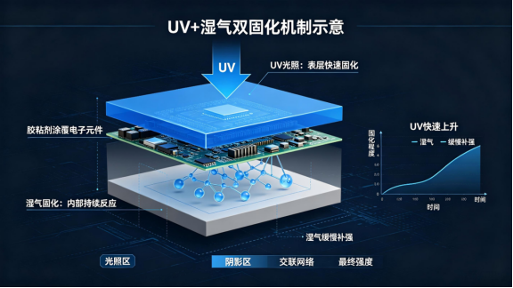 TAS-3001 UV+湿气双固化胶-固化机制示意 TAS-3001 UV+湿气双固化胶-固化机制示意